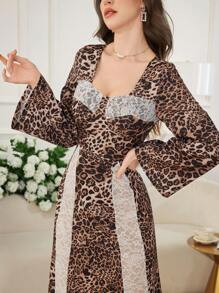 Modelyn Women's Long Leopard Print Lace Patchwork Flared Elegant Dress - Multicolor - View 3