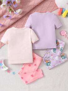 4 件套婴儿女孩休闲时尚粉色和浅紫色可爱熊图案短袖上衣和紧身裤家居套装 - 彩色 - 查看 2