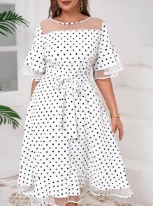 SHEIN Clasi Plus Size Mesh Patchwork Round Neck Short Sleeve Casual Dress - White - View 4