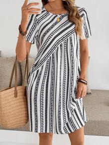 EMERY ROSE Women Striped Round Neck Short Sleeve Casual Straight Mini Dress - Multicolor - View 1