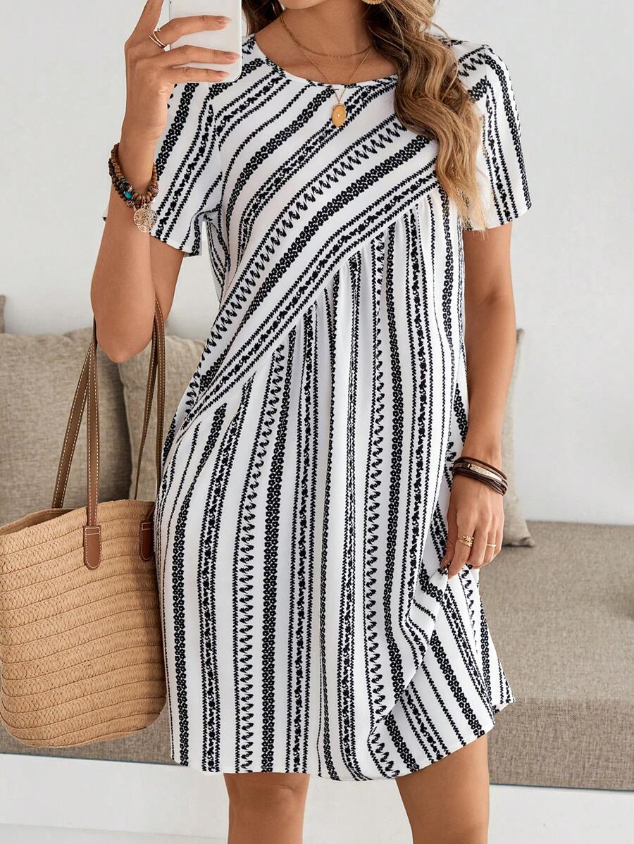 EMERY ROSE Women Striped Round Neck Short Sleeve Casual Straight Mini Dress - Multicolor - View 1