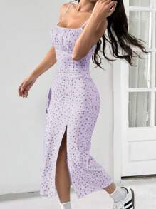 SHEIN EZwear Vestido ajustado con abertura lateral, de tirantes de espagueti con estampado floral diminuto morado, ligero, para primavera y verano
