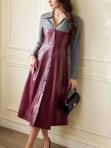 Vintamour 复古优雅女式长袖衬衫领 PU 皮革拼接口袋 A 字裙、休闲与办公装 女士度假装 女士夏季装 女士红色连衣裙 女士连衣裙 优雅长袖连衣裙 商务休闲女士 婚礼宾客连衣裙 女士优雅连衣裙 酒红色连衣裙 女士服装 女士长裙 红色连衣裙 优雅巡航装 女士办公室服装 女士工作服