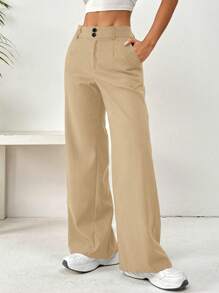 Flirla Front Button Pockets Trousers, Casual Wear For Daily Life