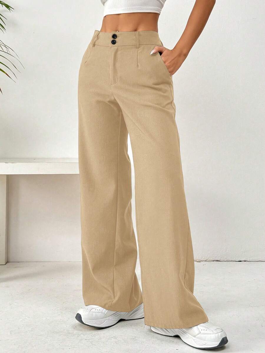 Flirla Front Button Pockets Trousers, Casual Wear For Daily Life