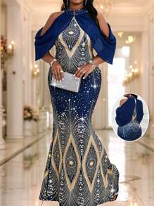 Fleurora Váy cocktail dài tay không tay lưới tương phản họa tiết nàng tiên cá nhiều màu sắc cỡ lớn mùa hè thu đông sang trọng cho tiệc cưới hòa nhạc/lễ hội âm nhạc, ngày lễ tình nhân - Nhiều màu - Xem 7