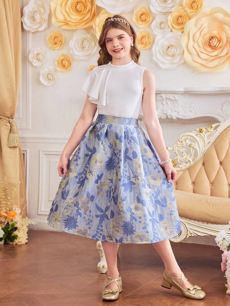 2pcs/Set Tween Girls' Multi-Layer Organza Short Sleeve Blouse + Embroidered Dress Elegant Spring/Summer Outfit - White - View 1