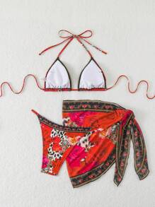 SHEIN Swim 3pcs/Set Bohemian Tie Neck Triangle Retro Bikini Swimwear Beach Outfit For Women For Summer Beach Vacation