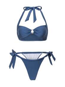 SHEIN Swim Bộ đồ bơi hai mảnh buộc cổ cho nữ, thiết kế tối giản, cho kỳ nghỉ hè ở bãi biển - Màu xanh lam - Xem 3