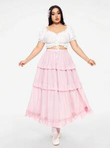 ROMWE Kawaii Vintage Style Solid Color Ruffle Hem Plus Size Long Skirt