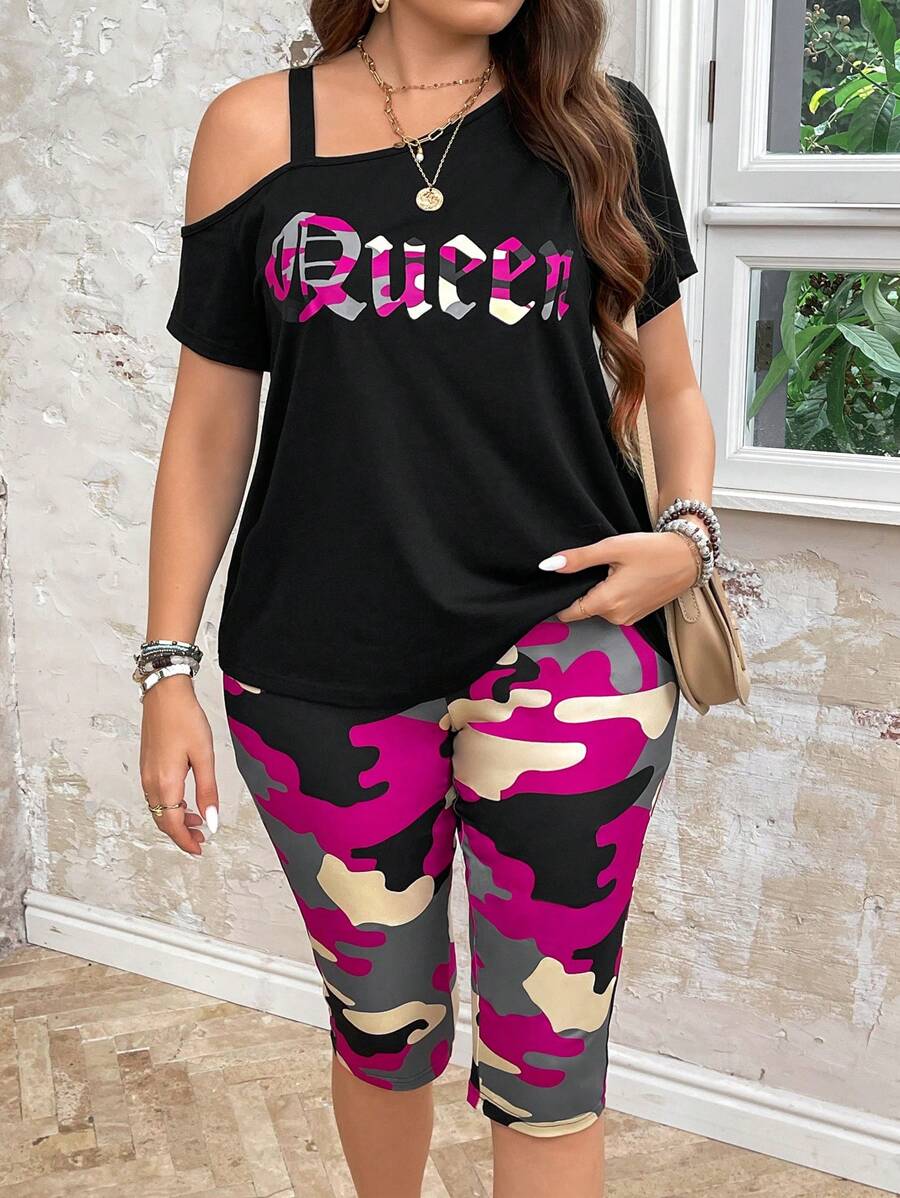 SHEIN LUNE Plus Size Camouflage Print Slogan Cutout Shoulder Camisole Top And Skinny Leggings Set, 2pcs - Hot Pink - View 1