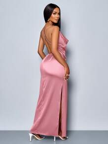 SOLERSUN Vestido ajustado elegante de satén con cuello drapeado, espalda descubierta y abertura alta, en unicolor, adecuado para fiesta de Navidad, vacaciones y citas, ideal para el Día de San Valentín