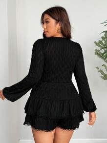 SHEIN Clasi 大码女式纯色灯笼袖深 V 领连体裤 - 黑色 - 查看 6