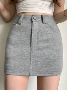 DAZY 女式前扣口袋纯色修身及膝长裙，日常休闲，铅笔裙 - 灰色 - 查看 9