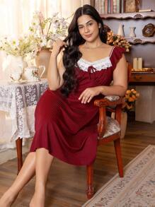 Côtesoire Plus Size Casual Lace Patchwork Nightgown - Red - View 3