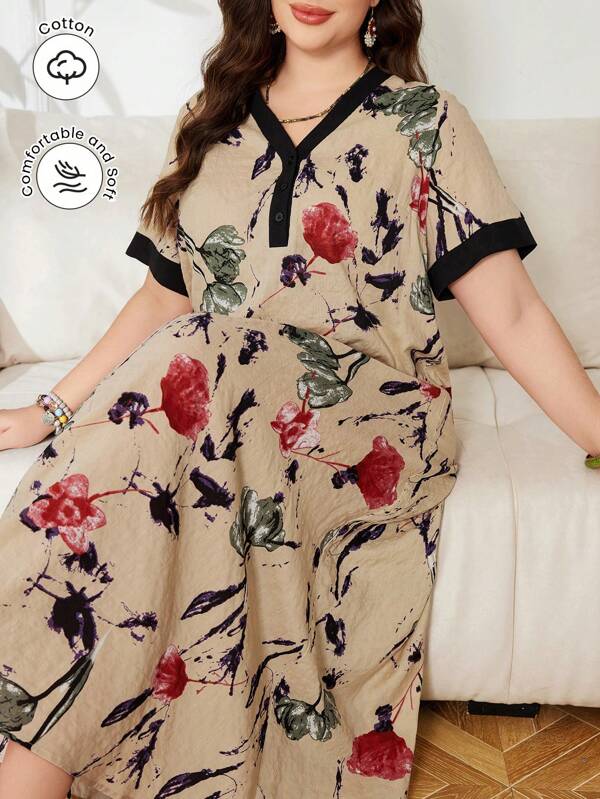 Lacomfia Rochie de vară cu decolteu în V cu mâneci scurte cu imprimeu floral vintage