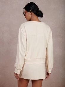 COSMINA 2pcs/Set Women Number Graphic Long Sleeve Button-Up Top And Mini Skirt - Beige - View 2