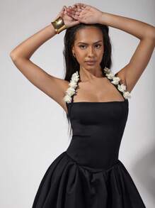 COSMINA Women 3D Floral Decor Casual Mini Dress - Black - View 4