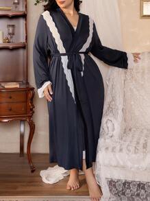 Côtesoire Plus Size Women's Lace Patchwork Elegant Long Sleeve Casual Robe & Cami Dress, Fall Clothes, Cozy Outfit