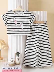 2pcs Girls Casual Round Neck Striped Bunny Print Short Sleeve Top And Wide Leg Striped Pants Set, Spring/Summer
