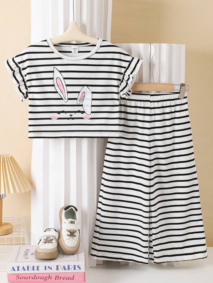 2pcs Girls Casual Round Neck Striped Bunny Print Short Sleeve Top And Wide Leg Striped Pants Set, Spring/Summer