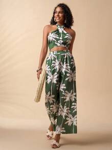 Travachic 2 件套热带印花背心和热带印花裤套装，女士度假装，休闲度假装，棕榈树，绿色休闲热带波西米亚风套装 - 綠色 - 查看 1