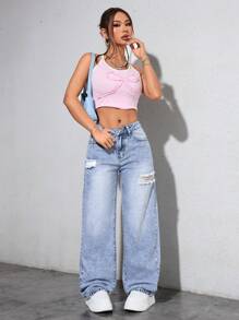 SHEIN PETITE Women's Front Button Pocket Ripped Casual Denim Jeans - Light Wash - View 3