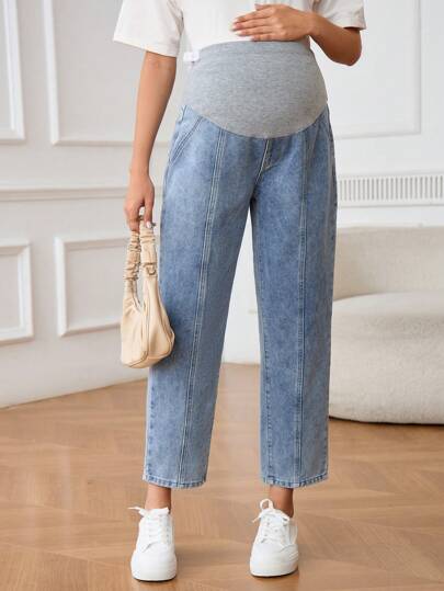 SHEIN 孕妇拼布口袋简约孕妇牛仔裤，休闲日常穿着女士夏季