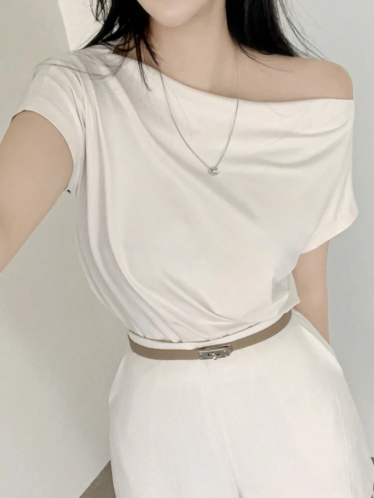 Women's French Style Loose Cowl Neck Short Sleeve T-Shirt,Off Shoulder Top