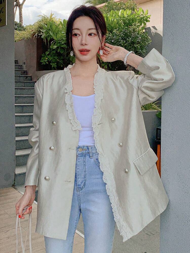 Women's Ruffled Trim Color Block V-Neck Double-Breasted Elegant Casual Suit Jacket, Shiny Fabric, Long Sleeve, All Season Women Blazers, Back To School Clothes Business Attire