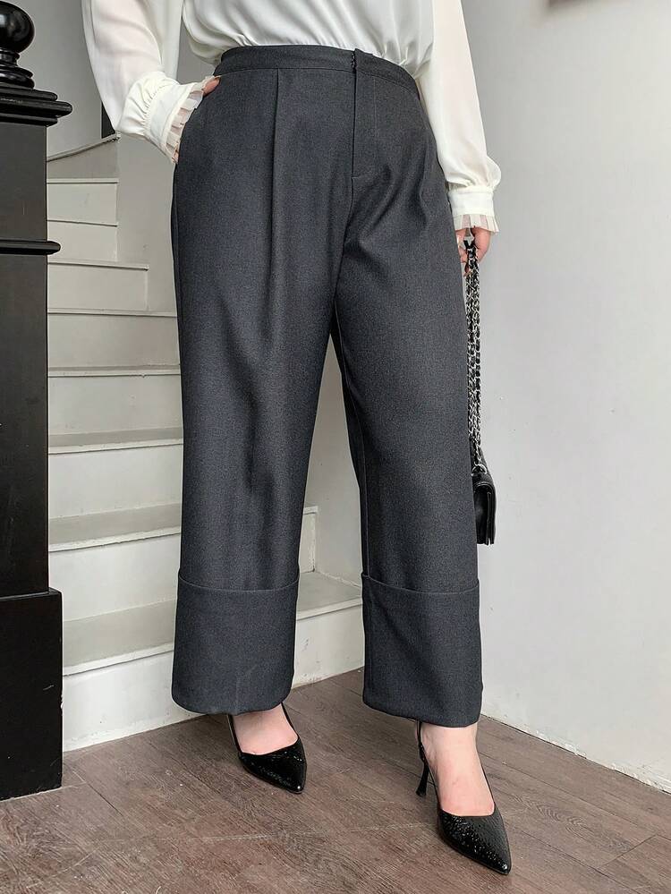 Dazy Plus Solid Color Cuffed Wide Leg Business Casual Pants, All Season Fall/Winter