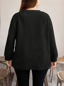 SHEIN LUNE 大码女式圆领长袖T恤，侧开衩设计，休闲时尚，杏色，秋冬假期 - 黑色 - 查看 2