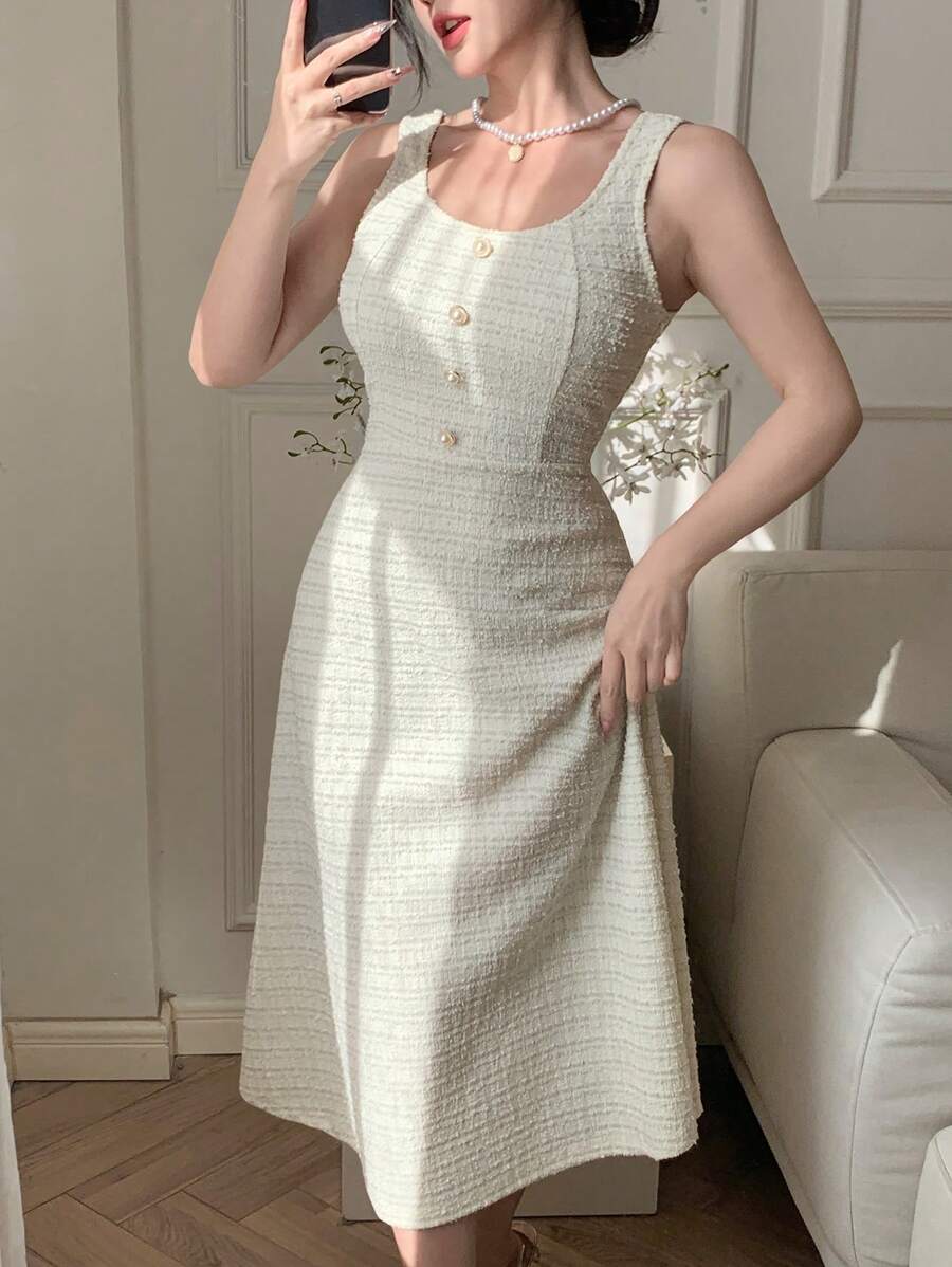 DAZY U领无袖格子长连衣裙，女士舞会礼服，吊带裙，休闲女装，优雅女装 - 米色 - 查看 1