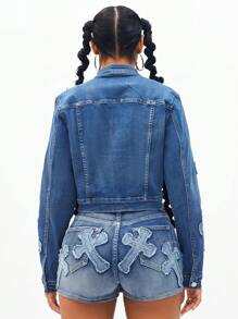 SHEIN ICON 女式十字绣贴片拉链洗水牛仔夹克 - 中等水洗藍 - 查看 2