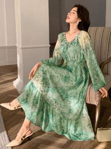DAZY Tie-Up Lantern Sleeve Floral Printed Mid-Length Dress For Women