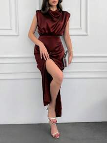 SHEIN Tall 海軍藍優雅垂墜細節長洋裝，適合高個女性 - 酒紅色 - 查看 4