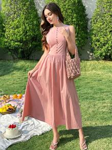 Modelyn Women's Solid Color Round Neck Sleeveless Front Button Simple Casual Dress - Pink - View 7