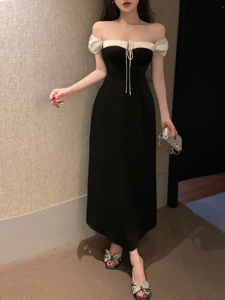 Colorblock Waist Gather Sexy Off Shoulder Mid-Calf Evening Party Wedding Dress For Women Prom Dress Sundress, Formal Women Dresses Elegant Women Dress