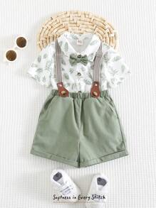 Cozy Pixies 2pcs Baby Boy Plants Print Collar Short Sleeve Shirt And Bib Shorts Suit Set