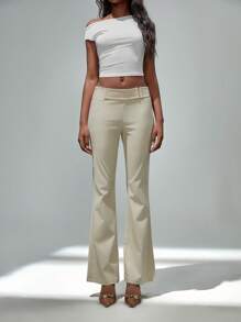 TRNVIE Women Spring/Summer Vintage Style Low Waist Fawn Color Metal Ring Buckle Elastic Comfortable Versatile Flare Pants Fall Cloth For Women - Apricot - View 6