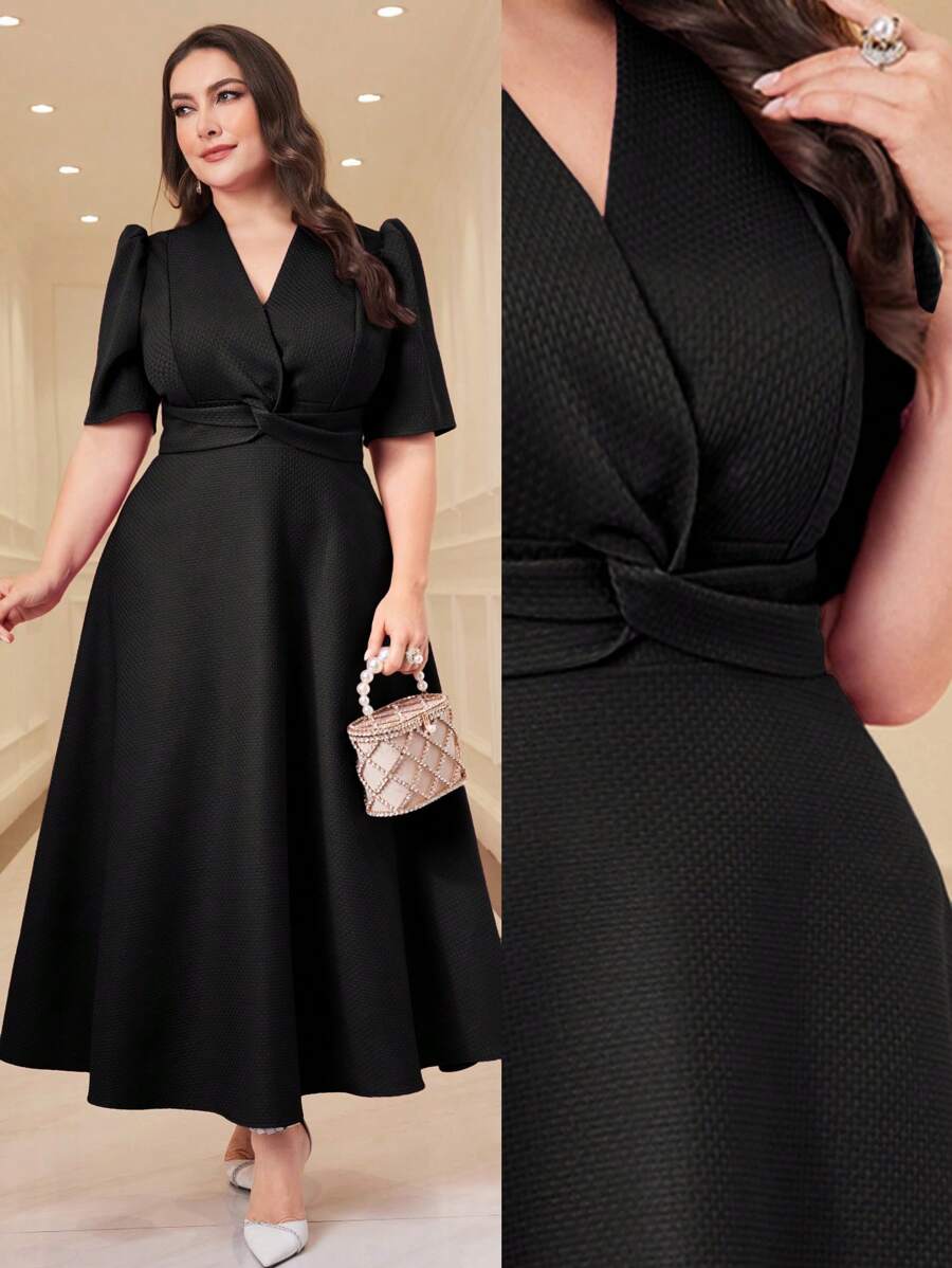 Modelyn 大码女式纯色泡泡袖扭腰优雅连衣裙 - 黑色 - 查看 1