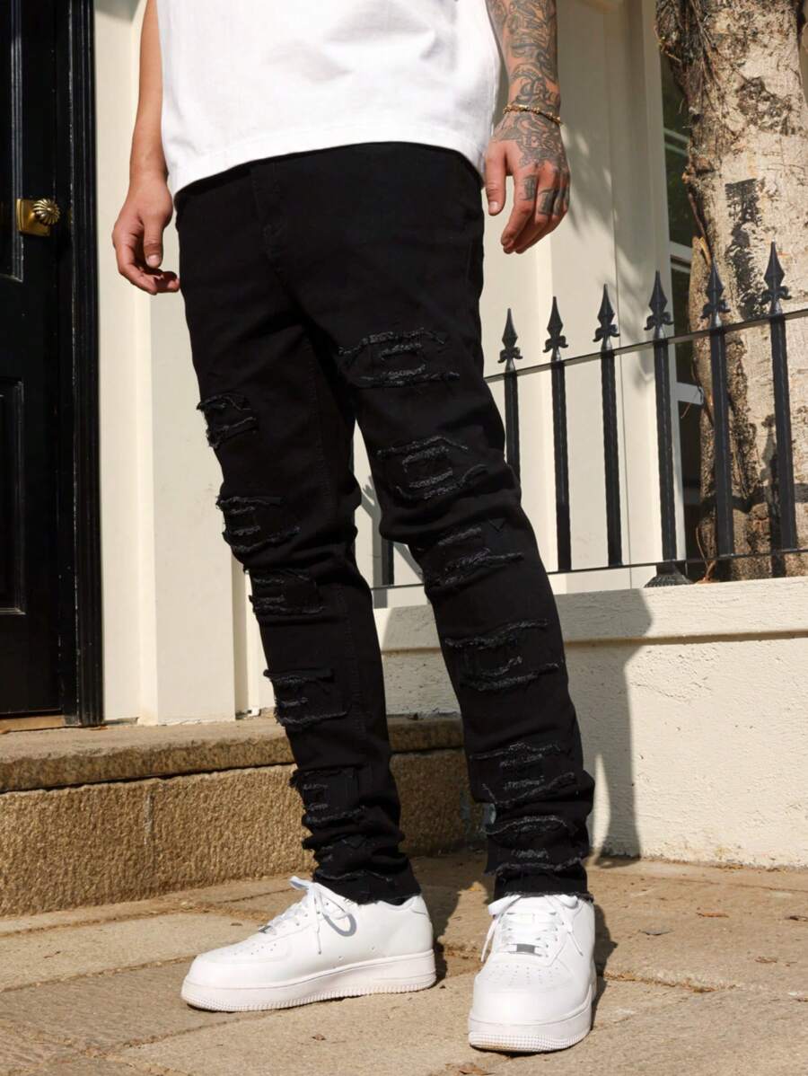 Manfinity LEGND Men's Plain Ripped Casual Denim Jeans, For Everyday Wear - Black - View 1