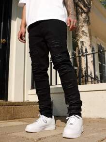 Manfinity LEGND Men's Plain Ripped Casual Denim Jeans, For Everyday Wear - Black - View 3