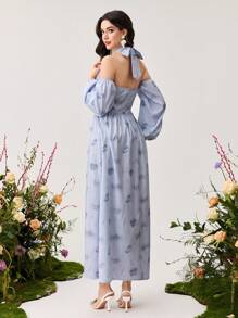 Modelyn 女士优雅碎花雪纺露肩长袖荷叶边下摆连衣裙 - 彩色 - 查看 2