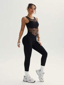 Slayoga Flickwerk Schleife Dekor Mesh ärmelloser rückenfreier Haken Verschluss Sport Jumpsuit