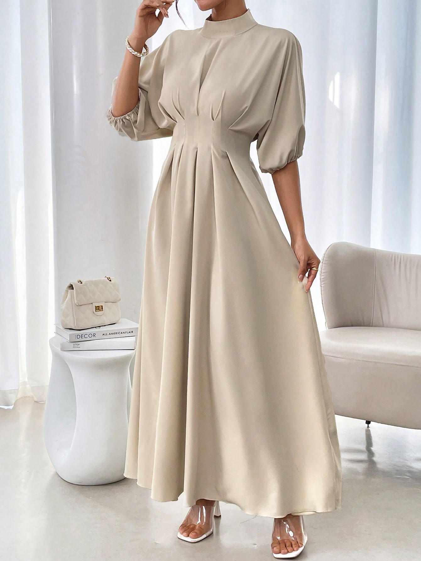 Rafferiza فستان طويل أنيق للنساء بياقة مستديرة فضف...