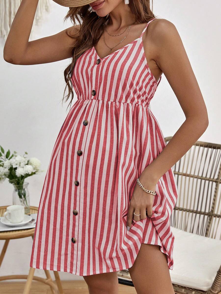SHEIN Maternity Casual Striped Spaghetti Strap Front Button Short Dress - Red - View 1