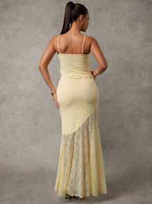 MaterniChic Pregnant Women's Asymmetrical Lace Vest And Low Waist Ruffled Fishtail Skirt 2 Pieces Set, Suitable For Spring/Summer, Vacation And Wedding - Yellow - View 2