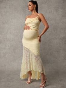 MaterniChic Pregnant Women's Asymmetrical Lace Vest And Low Waist Ruffled Fishtail Skirt 2 Pieces Set, Suitable For Spring/Summer, Vacation And Wedding - Yellow - View 4