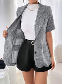 RosyDaze 法式优雅时尚日常休闲百搭宽松短袖翻领 V 领春夏女式西装外套 - 黑色 - 查看 7